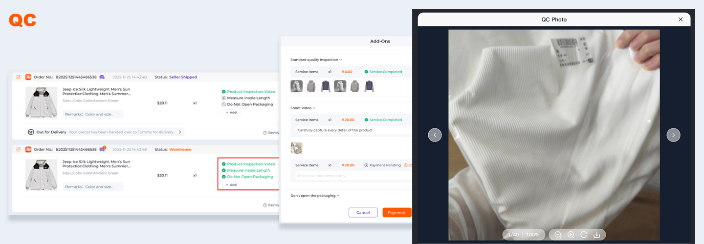 LoongBuy quality-inspection screen showing free QC photos of an arrived item