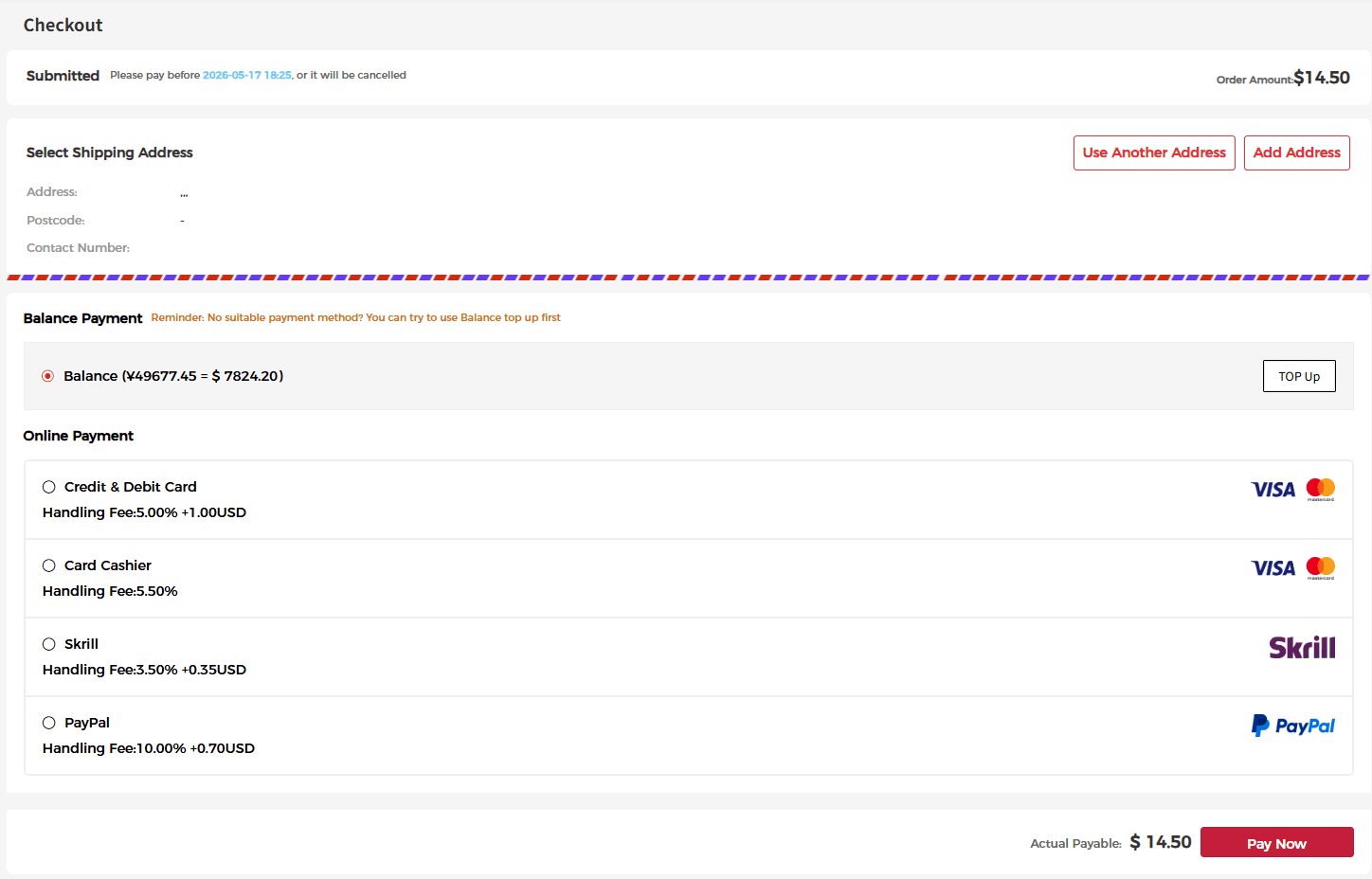 GoatedBuy checkout screen showing balance, credit card, Skrill and PayPal payment options