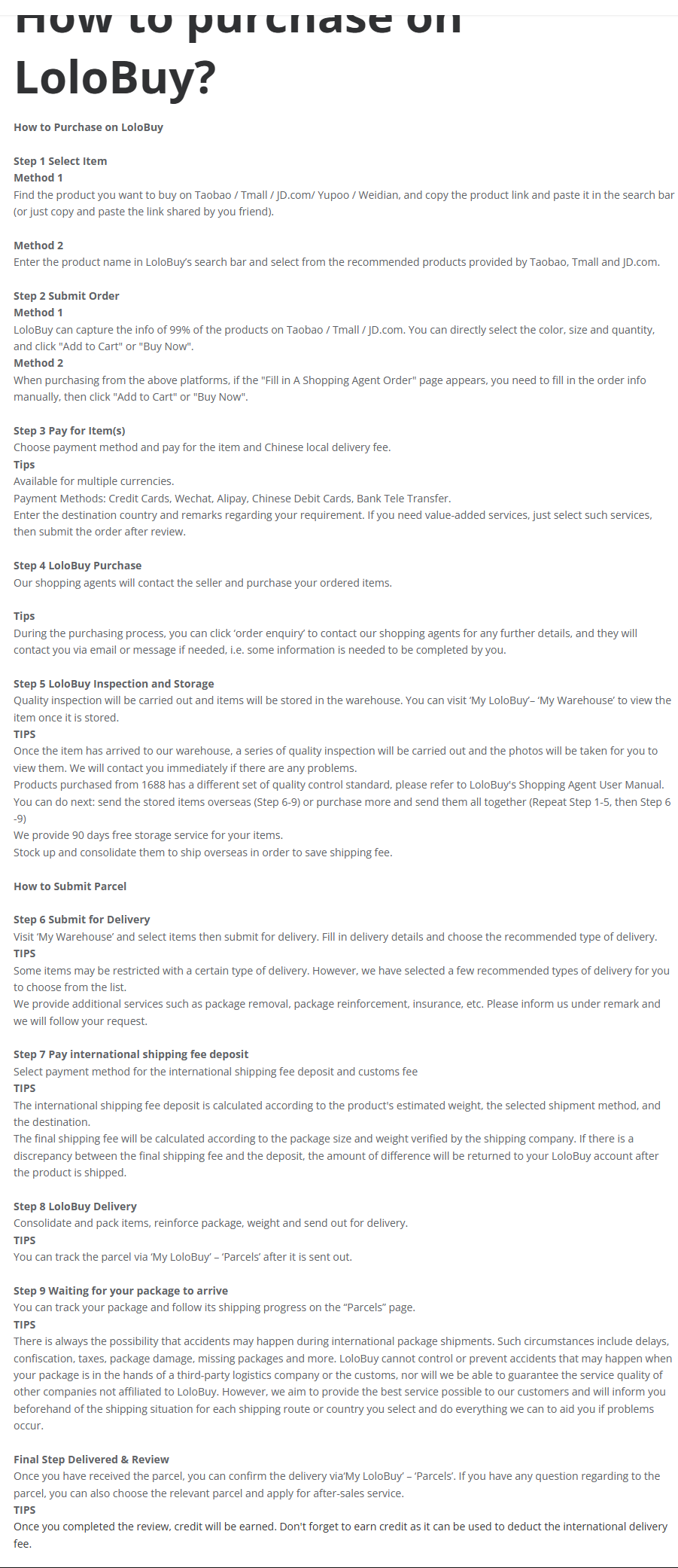Lolobuy official how-to-buy guide: place the order, warehouse QC and storage, then global shipping