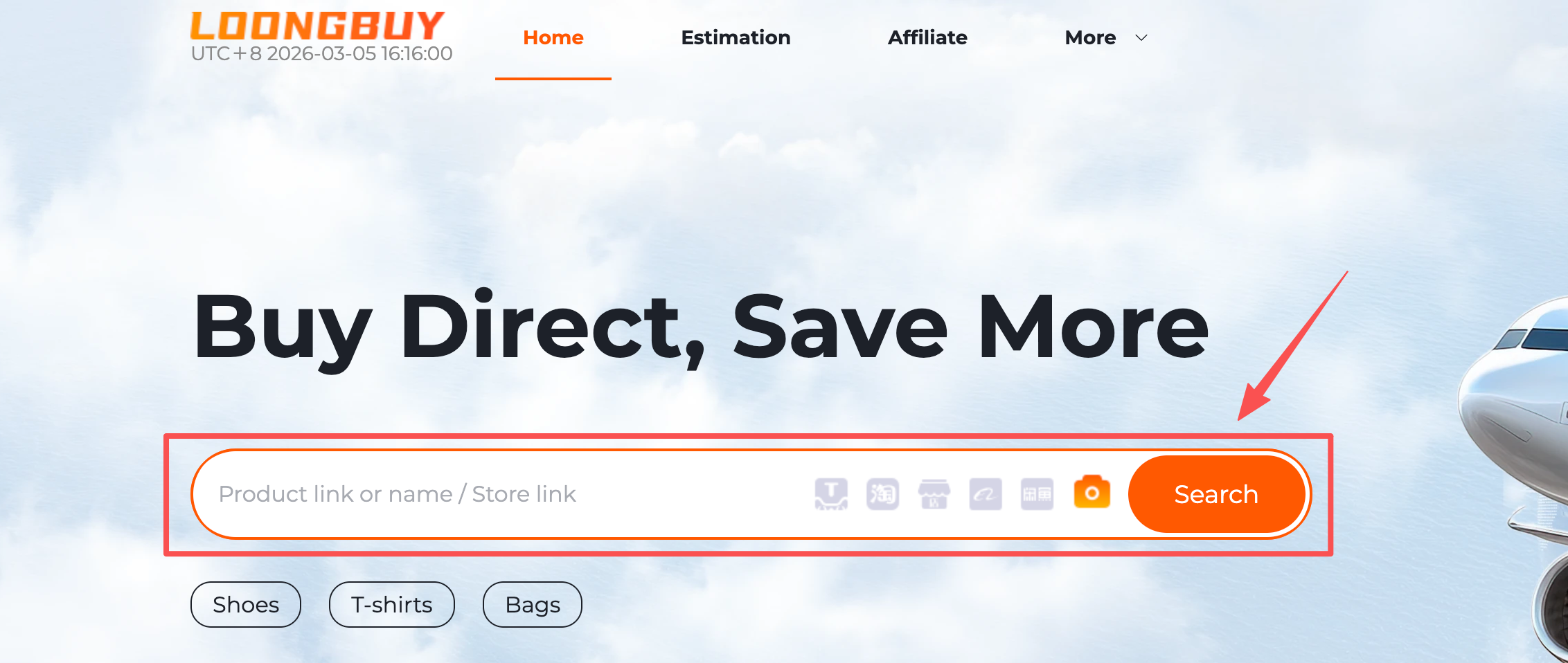 LoongBuy search bar with options to paste a product link, search by keyword or search by image