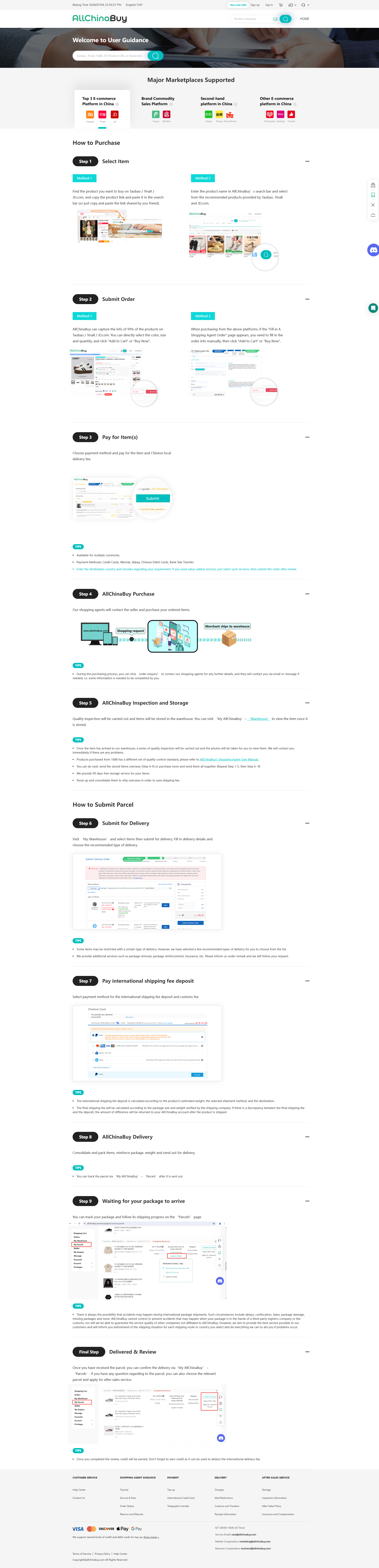 AllChinaBuy official how-to-buy guide: place the order, warehouse QC and storage, then global shipping