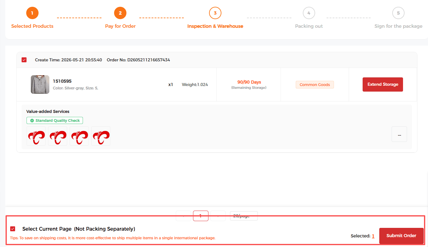 GoatedBuy warehouse tracker showing 90-day free storage, standard quality check and QC photos