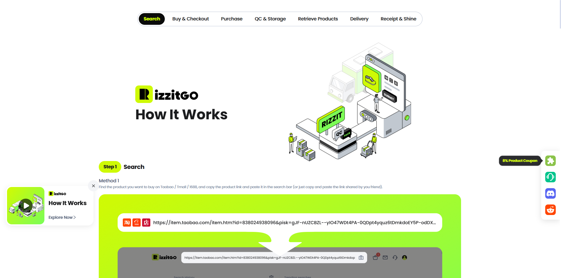 RizzitGO official how-to-buy guide: place the order, warehouse QC and storage, then global shipping