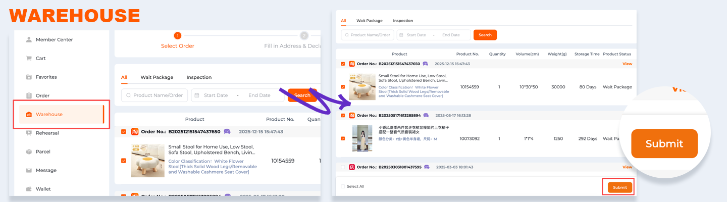 LoongBuy warehouse page to consolidate items and choose an international shipping line